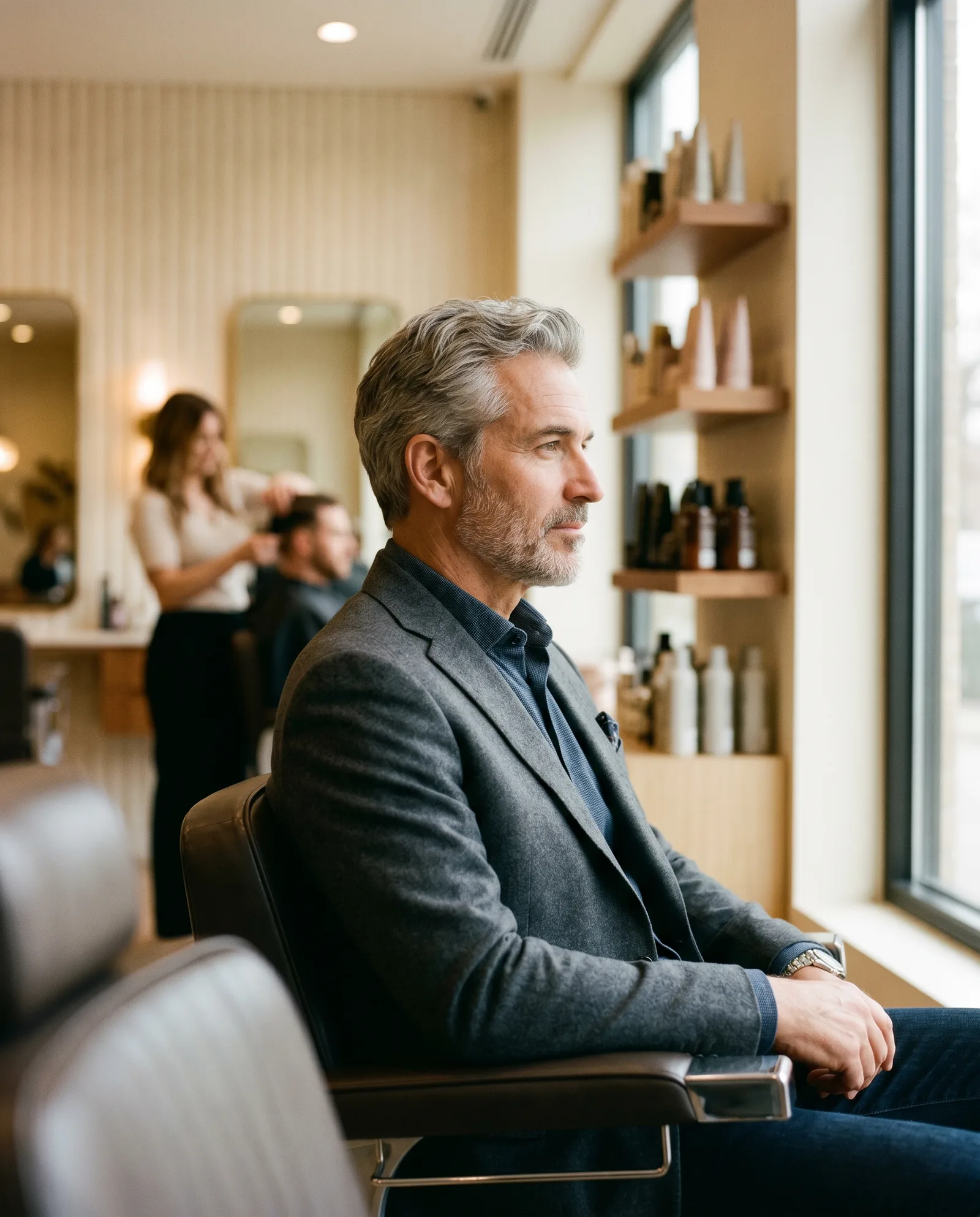 Distinguished man with naturally softened salt-and-pepper hair at Salon Millennium