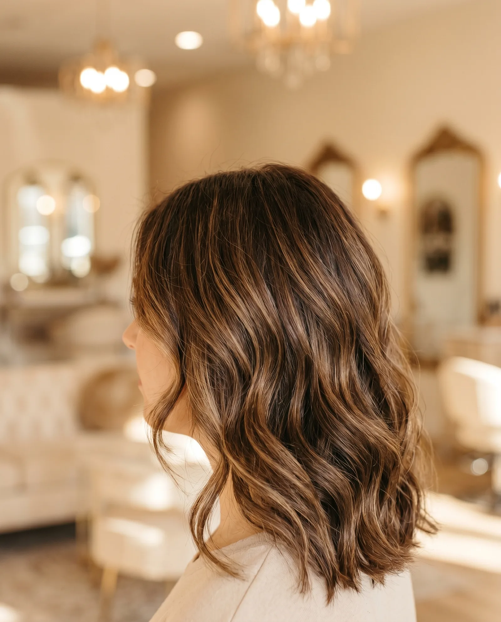 Beautifully corrected multi-tonal brunette hair photographed in warm afternoon light at a Palo Alto salon
